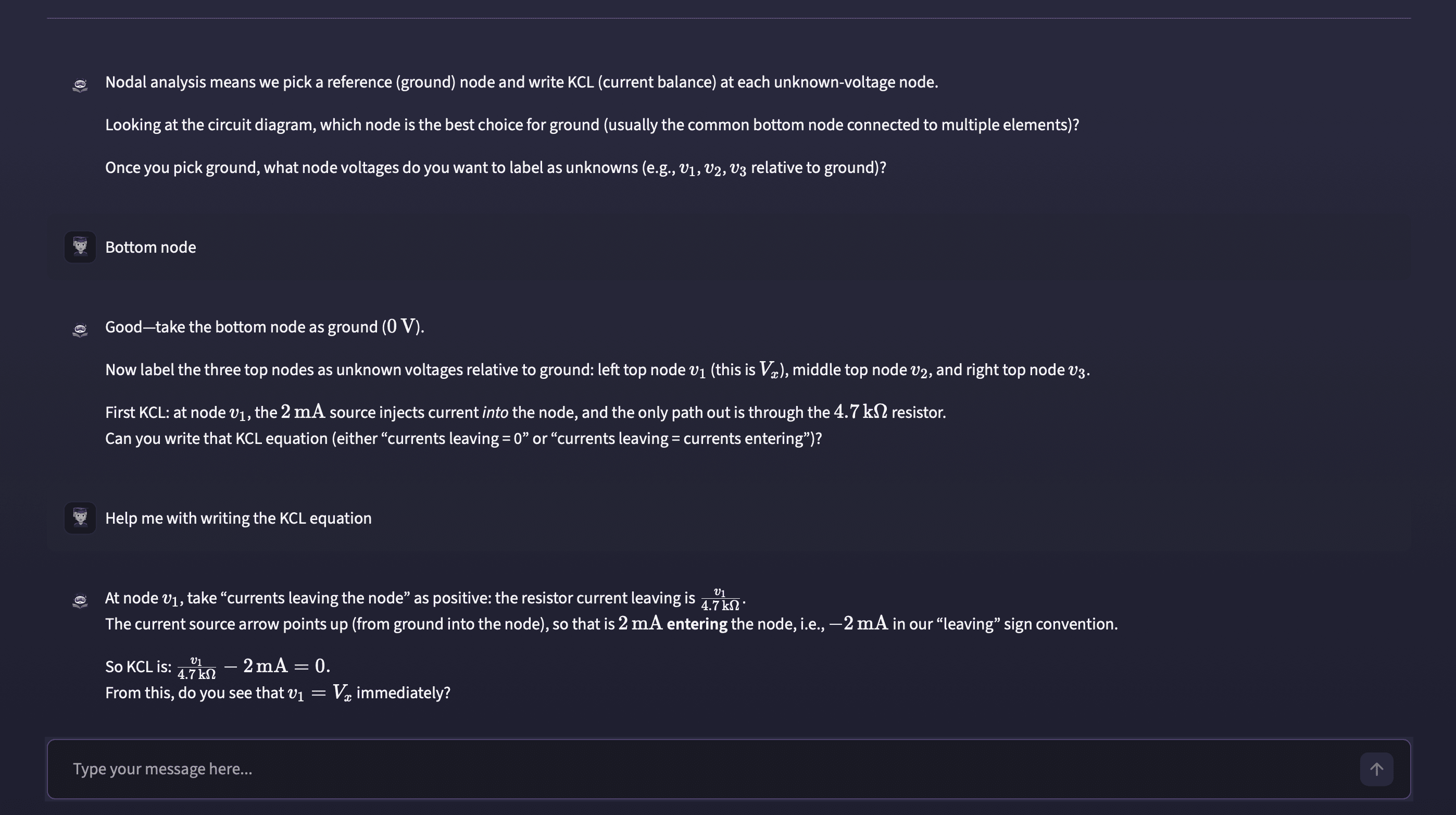 Example of a student interacting with Thalia — Socratic tutoring for circuit analysis